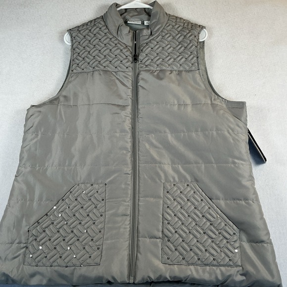 Kim Rogers Jackets & Blazers - Kim Rogers Quilted Puffer Vest Sz XLarge Grey Beaded Pockets Zip Sleeveless NWT
